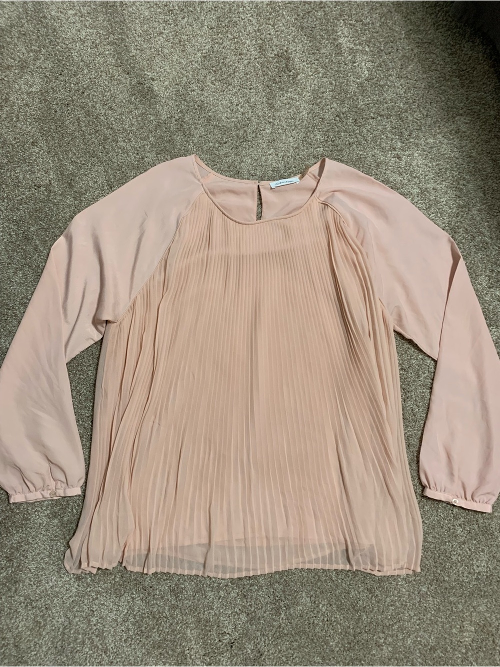 Calvin Klein Pleated Semi Sheer Chiffon Long Sleeve Blouse Pink Blush L/XL?
